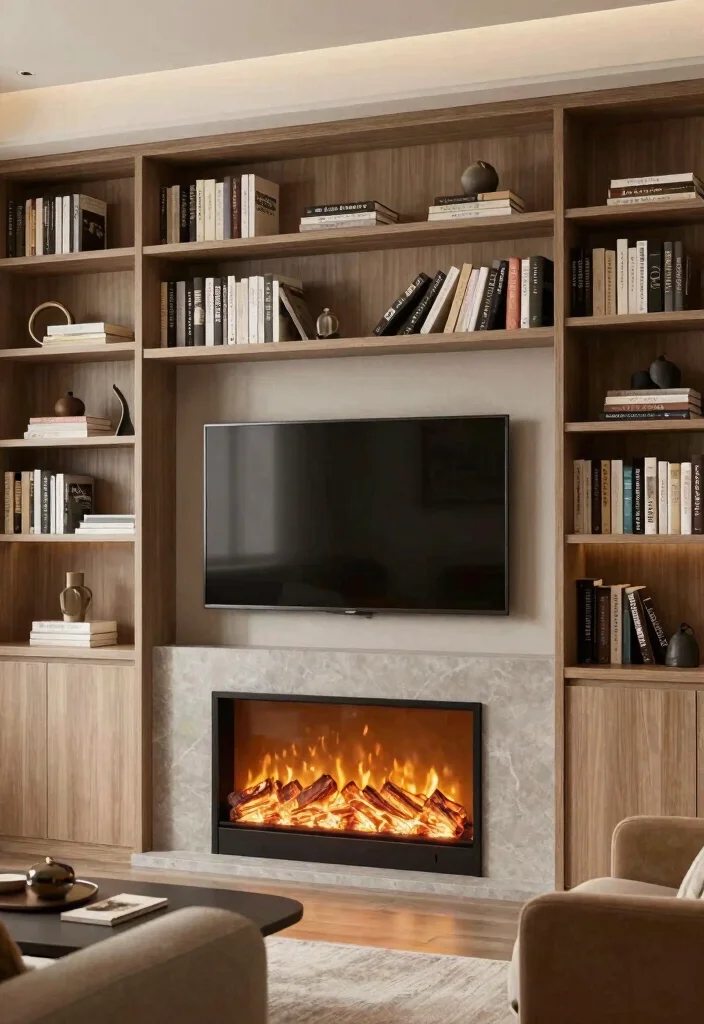 14 TV Fireplace Wall Ideas for Media Focused Rooms 9. Dual Function Fireplace and Bookshelf Combo 0