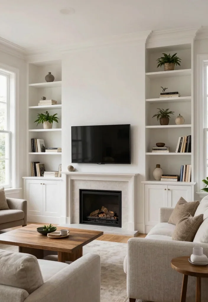 14 TV Over Fireplace Ideas for Balanced Layouts 1. Sleek Symmetry with Built In Shelving 0 1