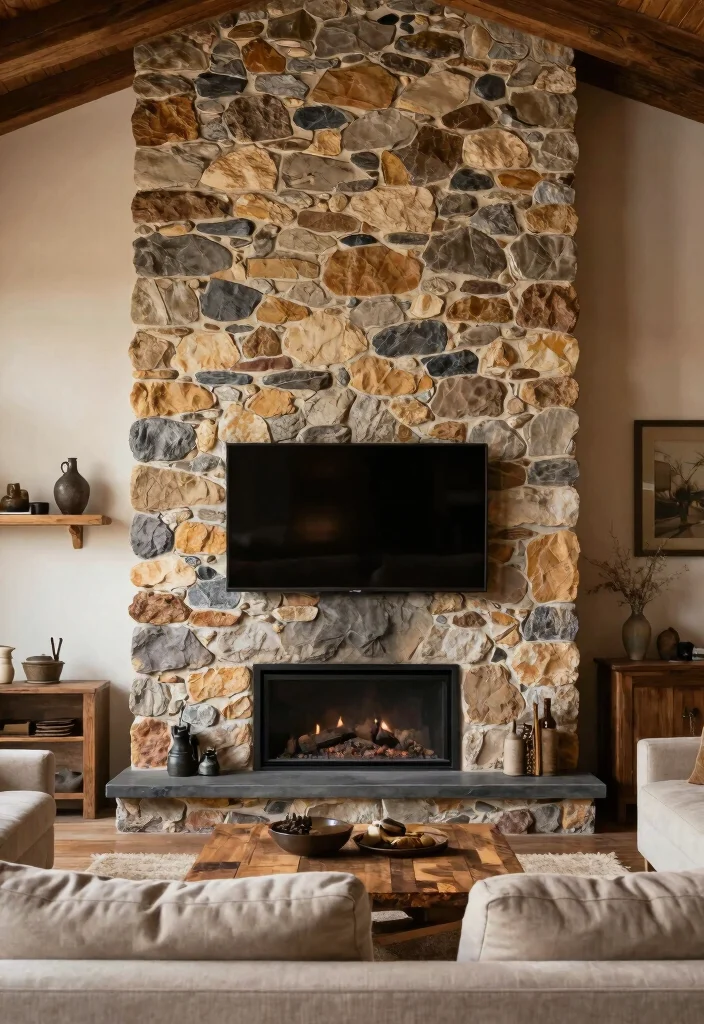 14 TV Over Fireplace Ideas for Balanced Layouts 3. Rustic Charm with a Stone Feature Wall 0 1