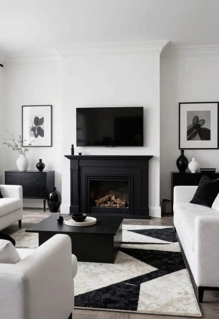 14 TV Over Fireplace Ideas for Balanced Layouts 4. Monochromatic Magic Black and White Aesthetic 0 1