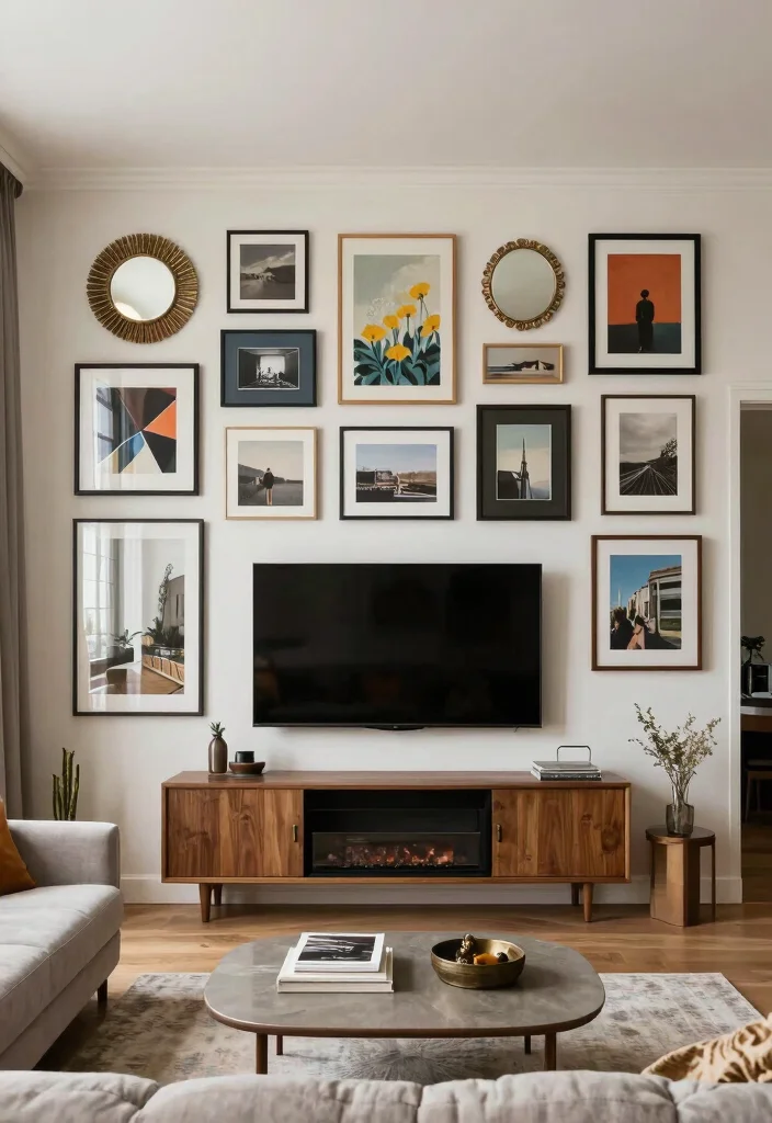 14 TV Over Fireplace Ideas for Balanced Layouts 5. Artful Arrangement with Gallery Walls 0 1