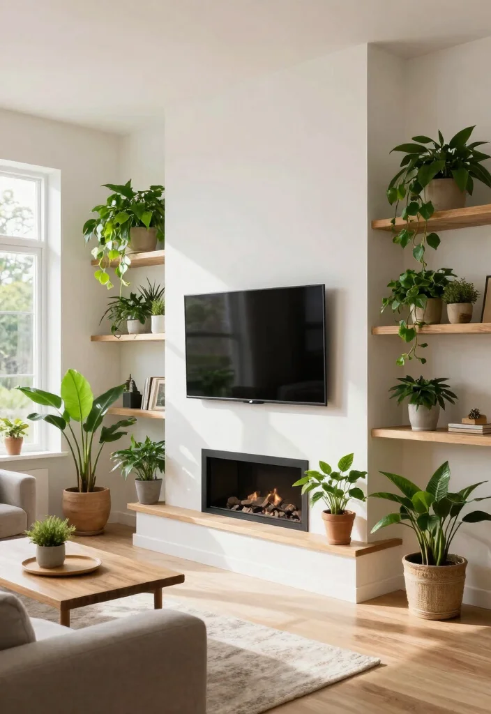 14 TV Over Fireplace Ideas for Balanced Layouts 6. Nature Inspired with Live Plants 0 1