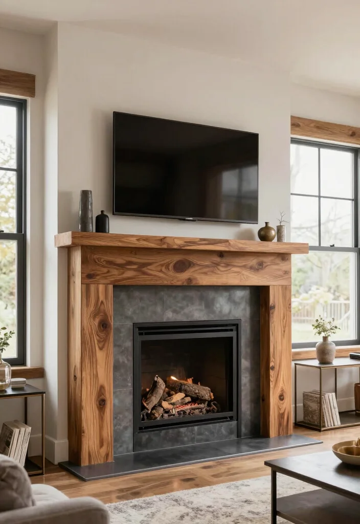 14 TV Over Fireplace Ideas for Balanced Layouts 7. Textural Contrast with Wood and Metal 0 1