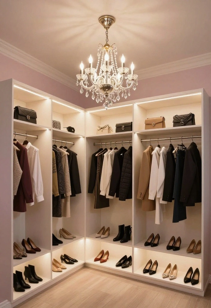 14 Walk-in Closet Ideas That Feel Clean and Boutique Style 12 14 Walk in Closet Ideas That Feel Clean and Boutique Style 2. Luxurious Lighting 0 1